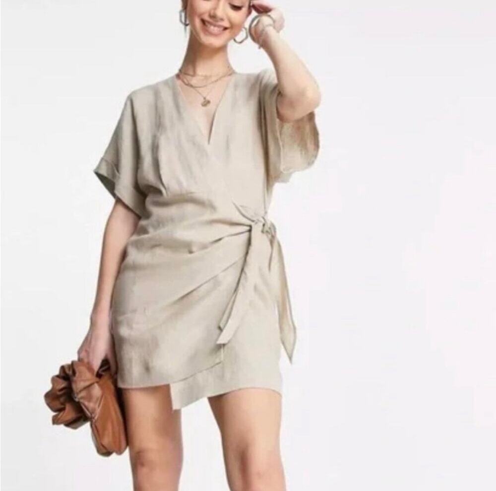 & Other Stories Beige Linen Midi Italian Summer Coastal Style Wrap Dress 6